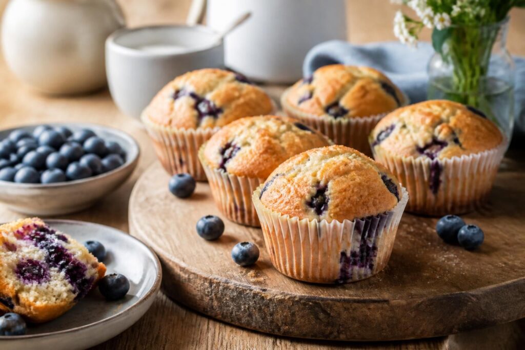 Saftige Heidelbeer-Muffins auf einem Holzbrett, frisch aus dem Ofen, mit sichtbaren Blaubeeren und einer goldbraunen Kruste