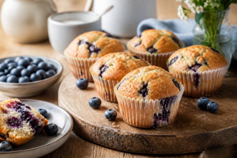 Saftige Heidelbeer-Muffins auf einem Holzbrett, frisch aus dem Ofen, mit sichtbaren Blaubeeren und einer goldbraunen Kruste