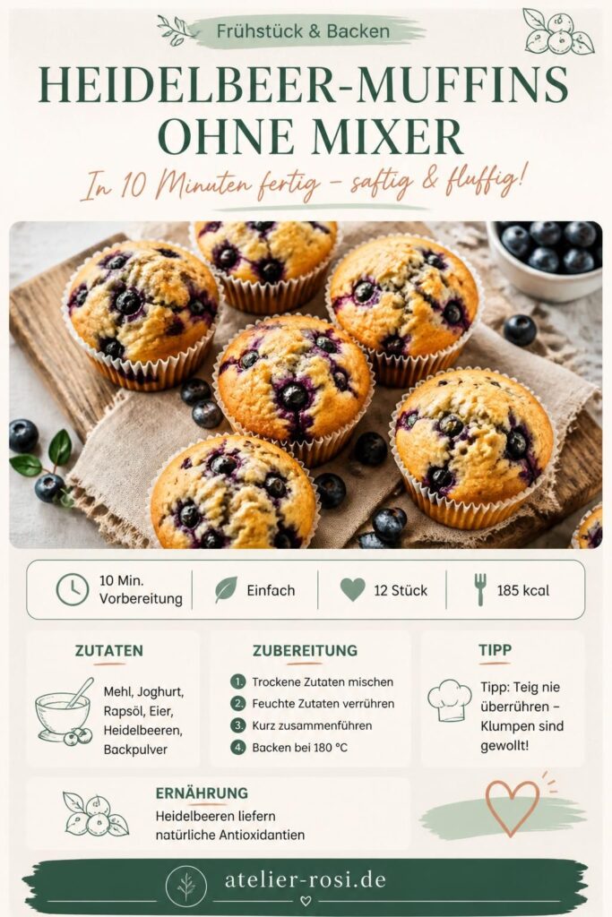 Saftige Heidelbeer-Muffins ohne Mixer auf einem Holzbrett, perfekt fürs Ferienfrühstück