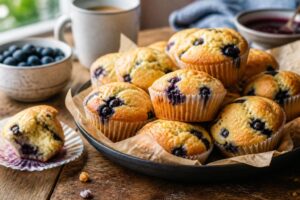 Frisch gebackene Heidelbeer-Muffins auf einem Holzbrett, saftige Blaubeeren sichtbar in der goldbraunen Krume, natürliches Morgenlicht