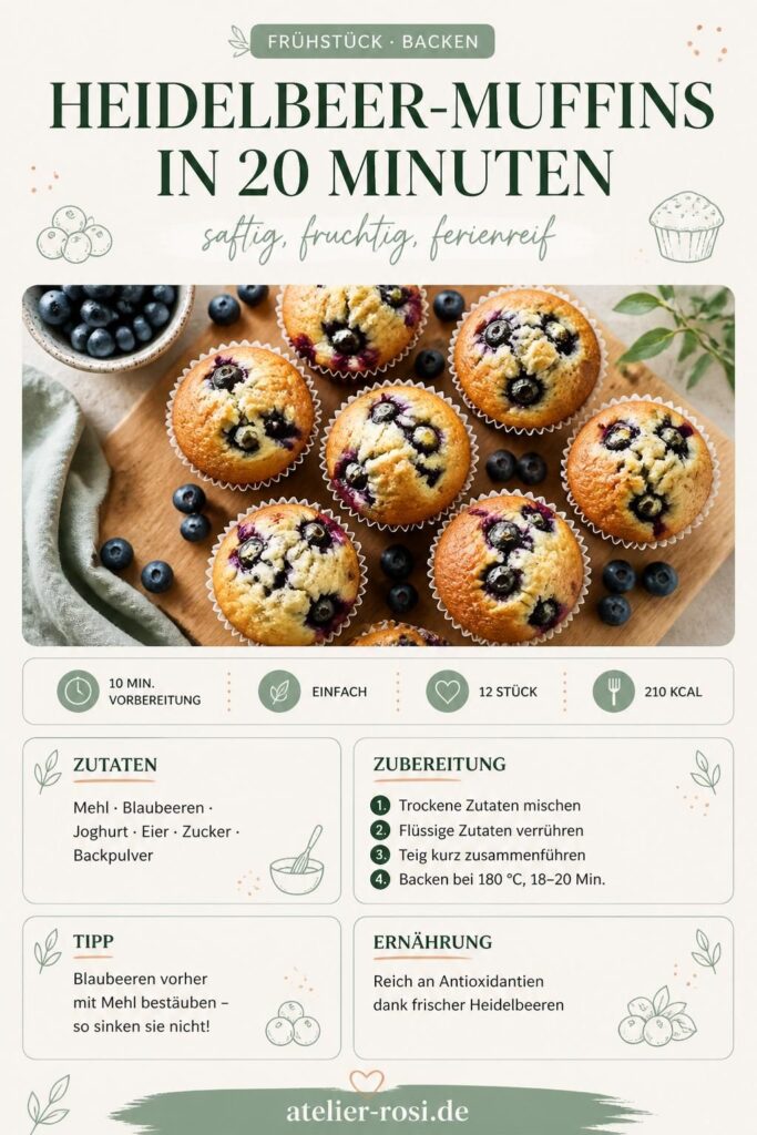 Heidelbeer-Muffins auf einem Holzbrett, saftige Blaubeeren sichtbar, Pinterest-Rezeptkarte