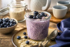 Heidelbeer-Porridge kalt über Nacht im Glas mit frischen Blaubeeren, Chiasamen und Haferflocken – perfektes Frühstück zum Tour-de-France-Morgen