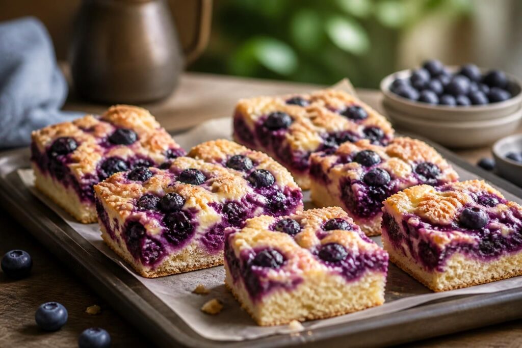 Saftiger Heidelbeer-Puddingkuchen vom Blech ohne Hefe, angeschnitten mit sichtbarer Pudding-Schicht und frischen Blaubeeren obenauf, auf einem Holztisch