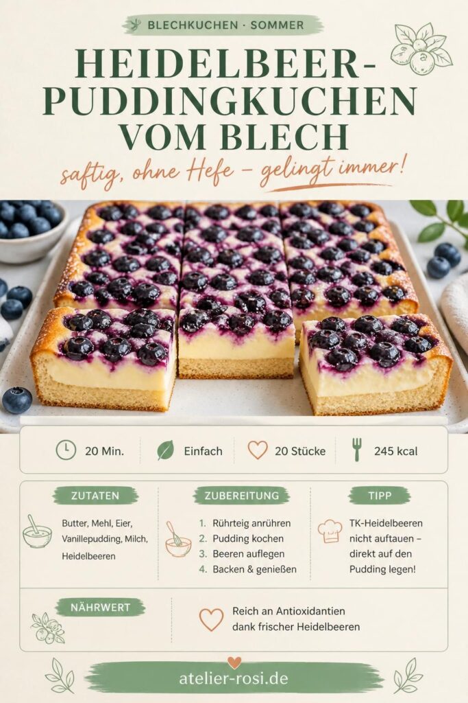 Heidelbeer-Puddingkuchen vom Blech ohne Hefe – saftig mit cremiger Vanillepudding-Schicht und Blaubeeren, angeschnitten auf einem Holztisch