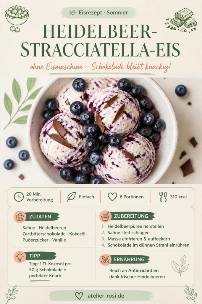 Heidelbeer-Stracciatella-Eis ohne Eismaschine – Pin mit Rezept und Zutaten