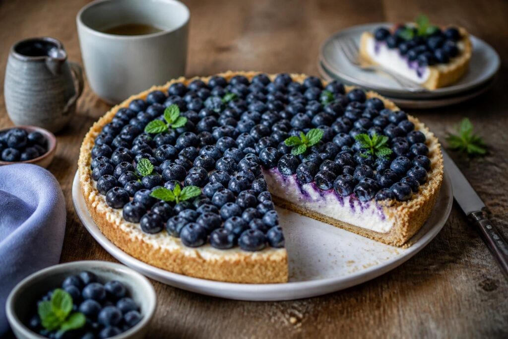 Heidelbeer-Tarte ohne Backen auf einem Holzbrett: cremige Frischkäsefüllung, frische Heidelbeeren und goldbrauner Keksboden – fertig in 20 Minuten