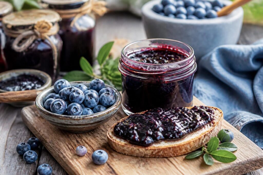 Selbstgemachte Heidelbeermarmelade ohne Gelierzucker in einem Einmachglas, umgeben von frischen Waldheidelbeeren auf einem Holzbrett