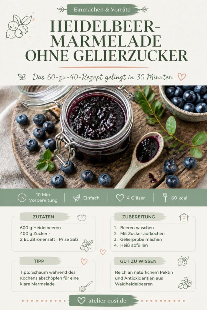 Heidelbeermarmelade ohne Gelierzucker in einem Einmachglas mit frischen Waldheidelbeeren