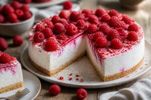 Himbeer-Buttermilch-Torte ohne Gelatine auf einem Kuchenteller, mit frischen Himbeeren und Fruchtspiegel, Keksboden sichtbar im Anschnitt
