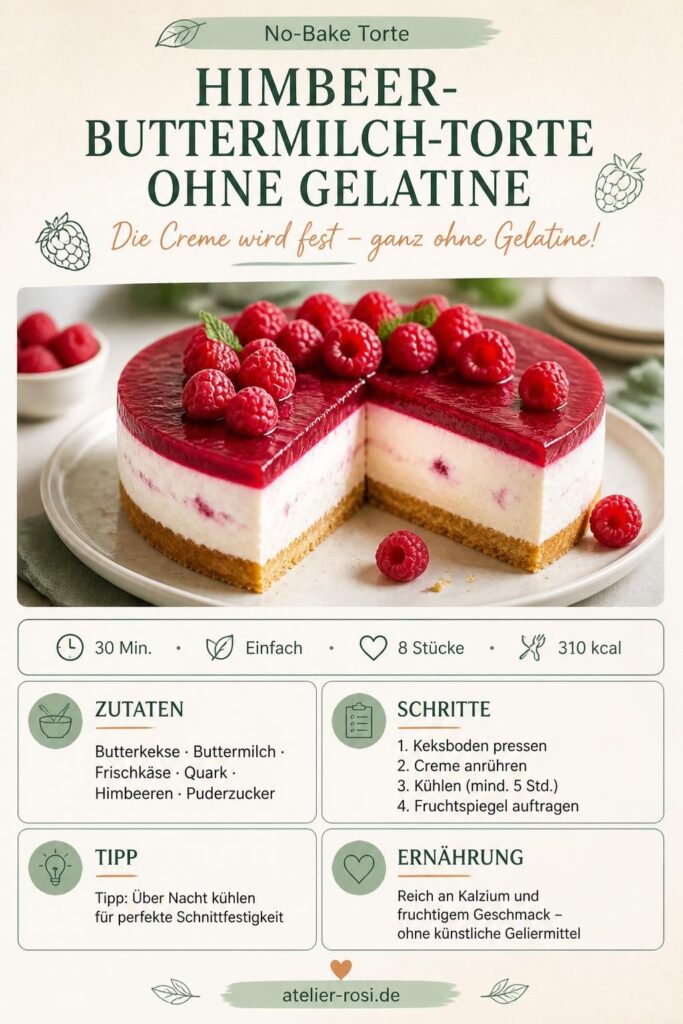 Himbeer-Buttermilch-Torte ohne Gelatine – Pinterest-Rezeptkarte mit Zutaten und Zubereitungsschritten