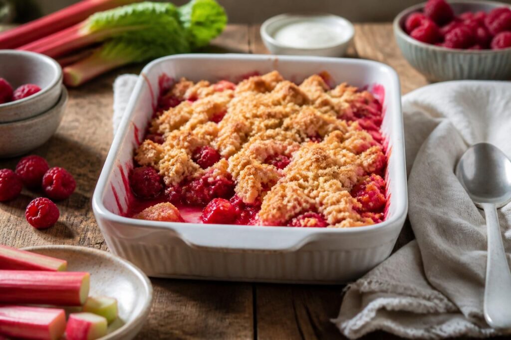 Himbeer-Rhabarber-Crumble in einer Auflaufform mit goldbraunen Streuseln, dazu eine Kugel Vanilleeis auf einem hellen Holztisch