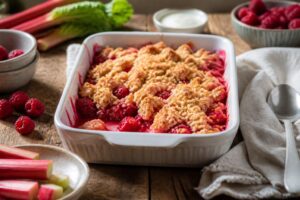 Himbeer-Rhabarber-Crumble in einer Auflaufform mit goldbraunen Streuseln, dazu eine Kugel Vanilleeis auf einem hellen Holztisch