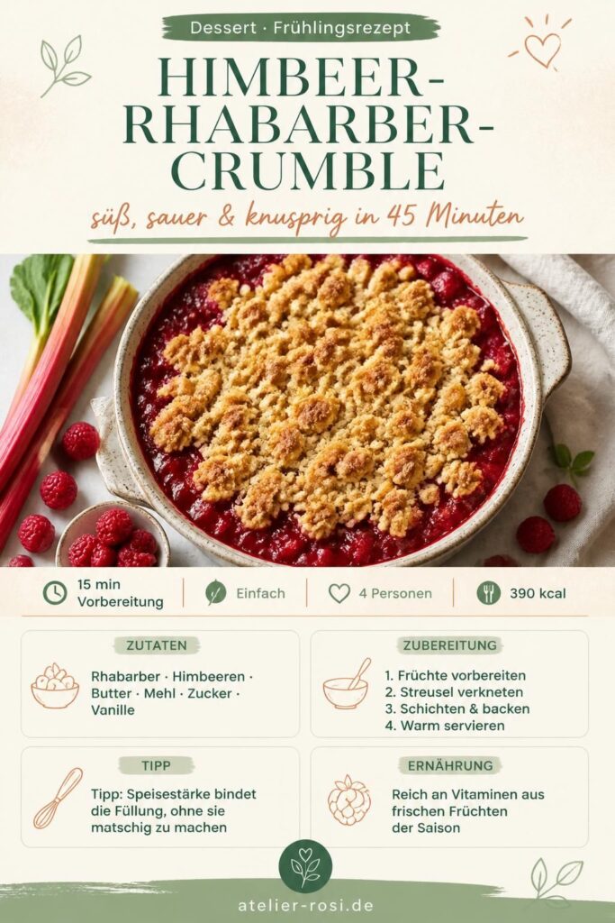 Himbeer-Rhabarber-Crumble mit goldbraunen Streuseln in einer Keramikform, Pinterest-Pin