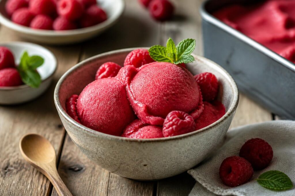 Cremiges Himbeer-Sorbet ohne Eismaschine in einer weißen Schale, garniert mit frischen Himbeeren und Minzblättern