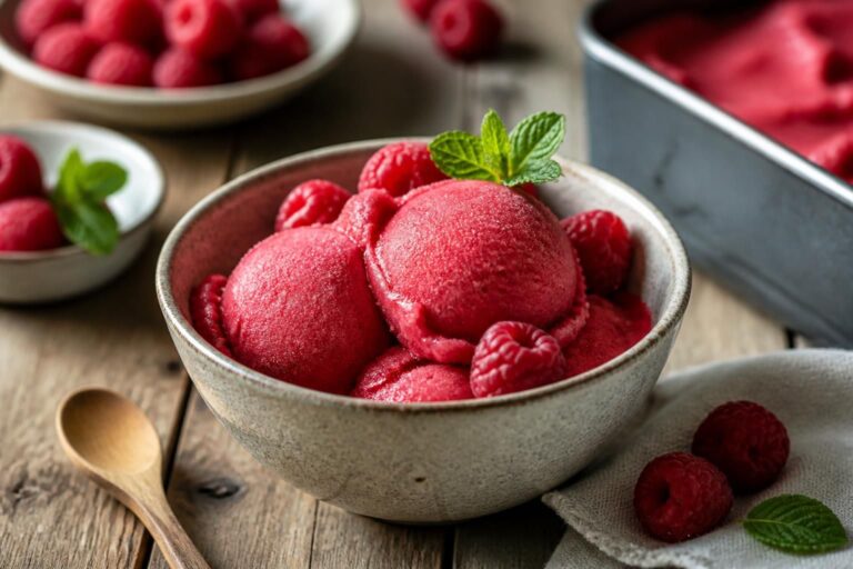 Cremiges Himbeer-Sorbet ohne Eismaschine in einer weißen Schale, garniert mit frischen Himbeeren und Minzblättern