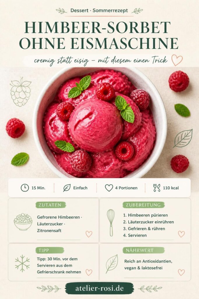 Cremiges Himbeer-Sorbet ohne Eismaschine in einer weißen Schale, garniert mit frischen Himbeeren