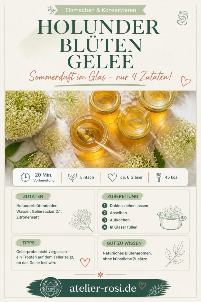 Holunderblütengelee selber machen – goldenes Gelee in Gläsern mit frischen Holunderblütendolden