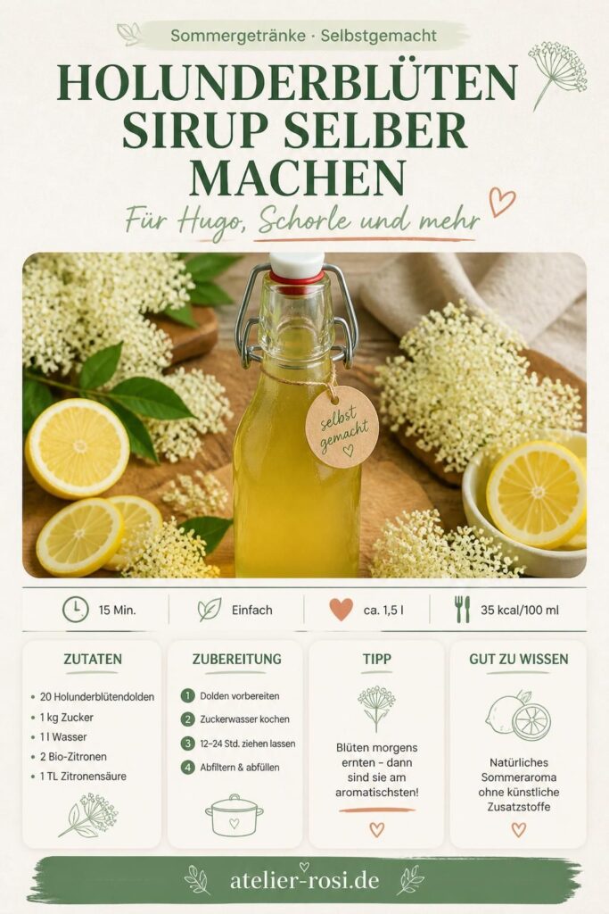 Holunderblütensirup selber machen – Pinterest-Pin mit Rezept für Hugo und Schorle