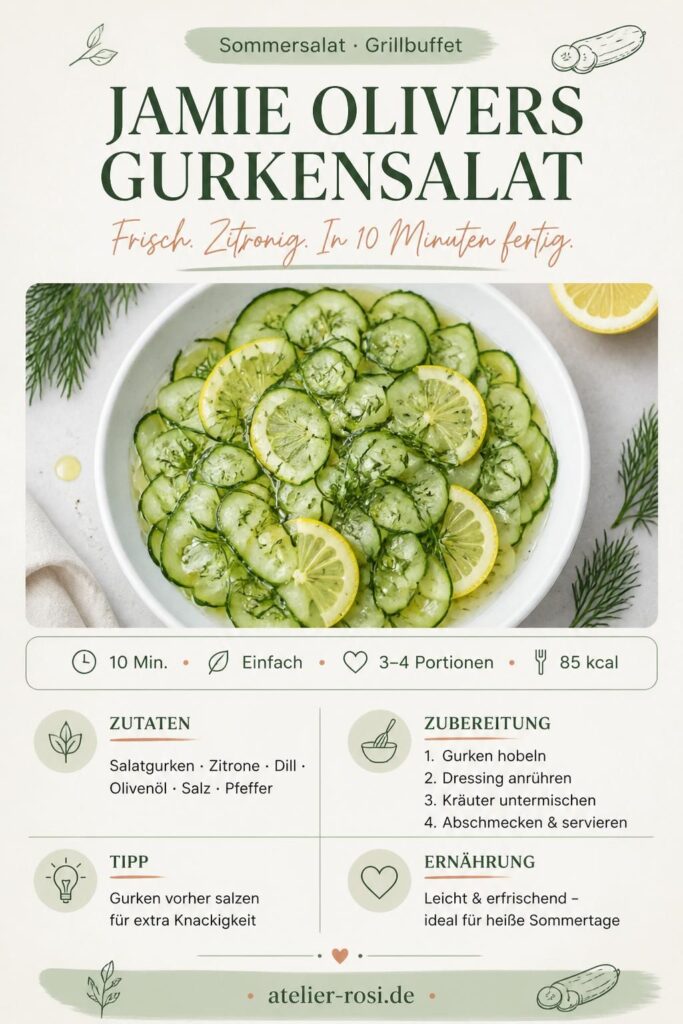 Jamie Olivers Gurkensalat mit Dill und Zitrone – Pinterest-Rezeptkarte für das Grillbuffet