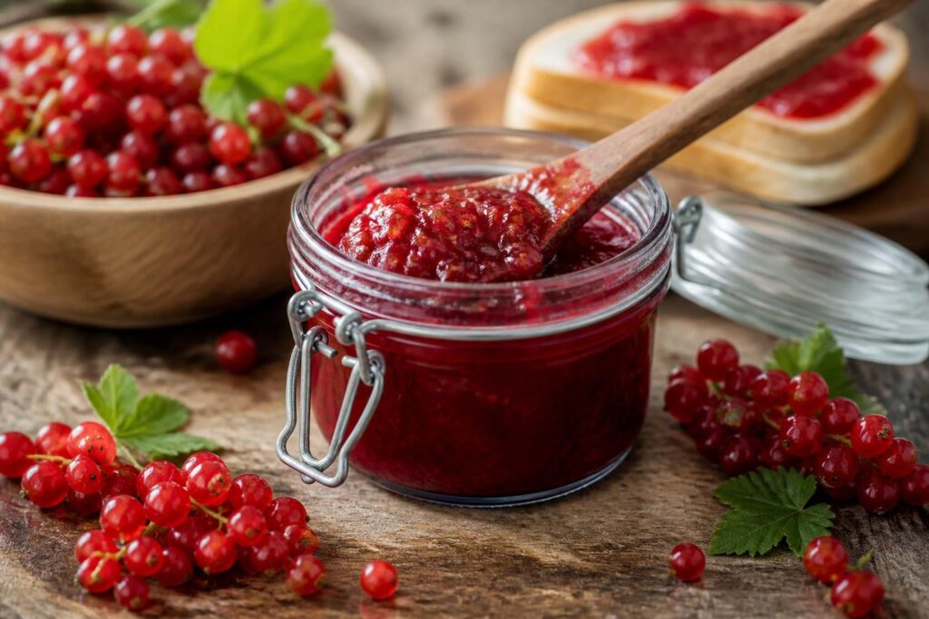 Johannisbeer-Aufstrich ohne Gelierzucker in kleinen Einmachgläsern, daneben frische rote Johannisbeeren auf einem Holzbrett