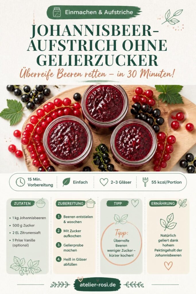 Johannisbeer-Aufstrich ohne Gelierzucker – Pinterest-Rezeptkarte mit Zutaten und Schritten