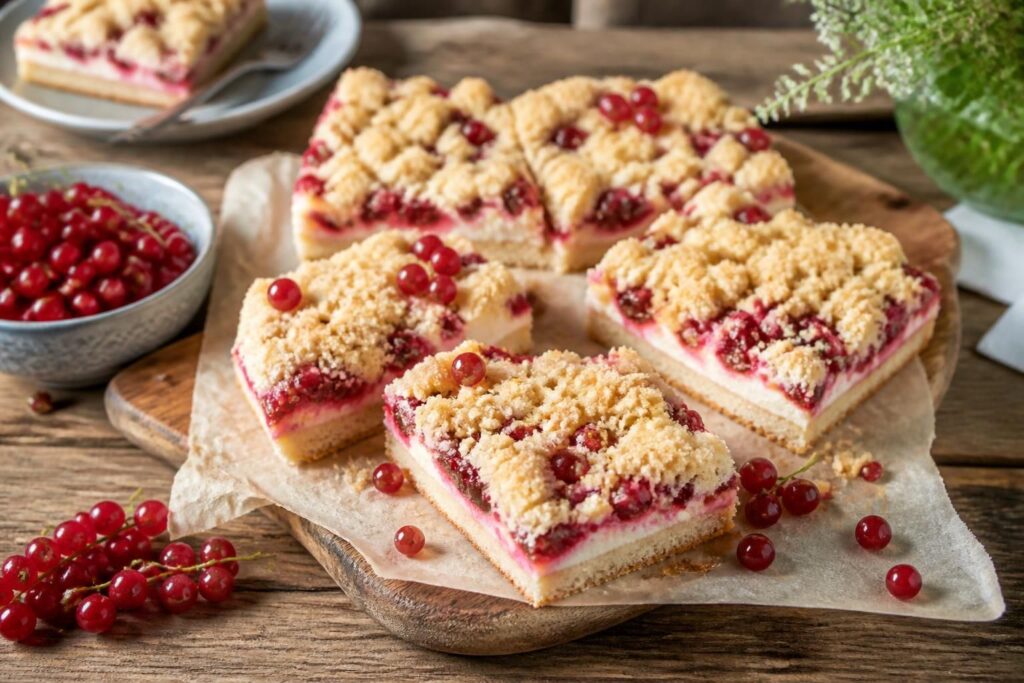 Johannisbeer-Schmandkuchen vom Blech mit goldbraunen Butterstreuseln und roten Johannisbeeren, frisch aus dem Ofen auf einem Backblech