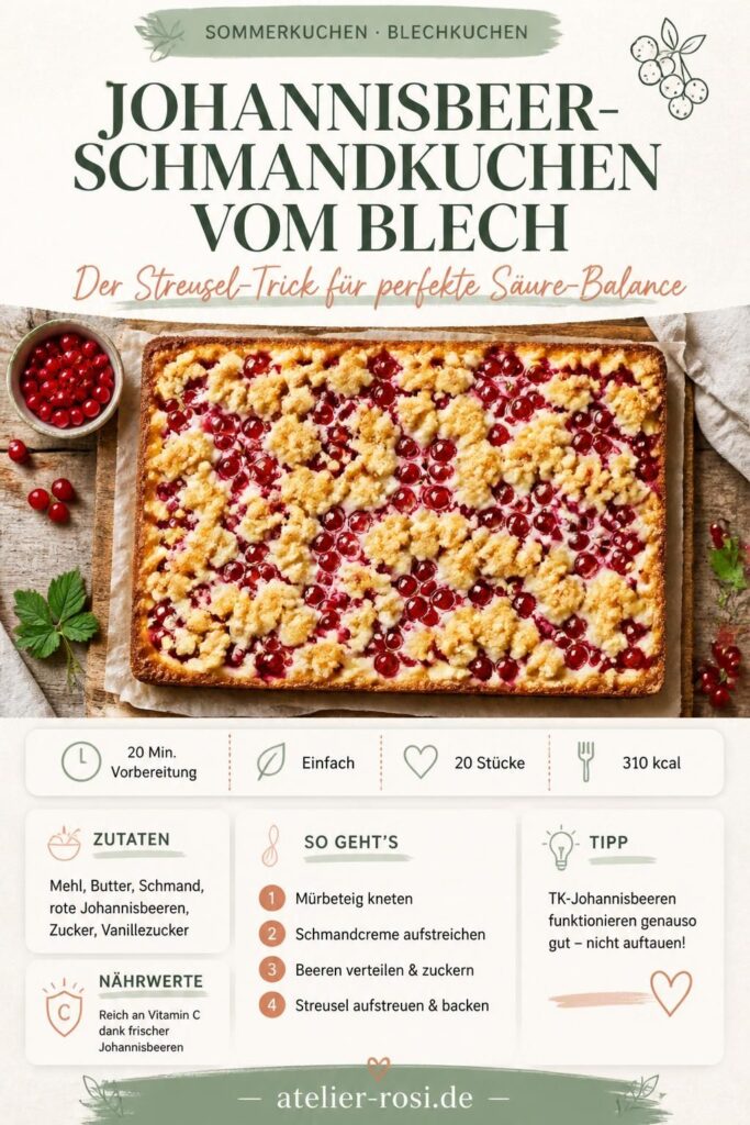 Johannisbeer-Schmandkuchen vom Blech mit goldbraunen Butterstreuseln – Pinterest-Rezeptkarte