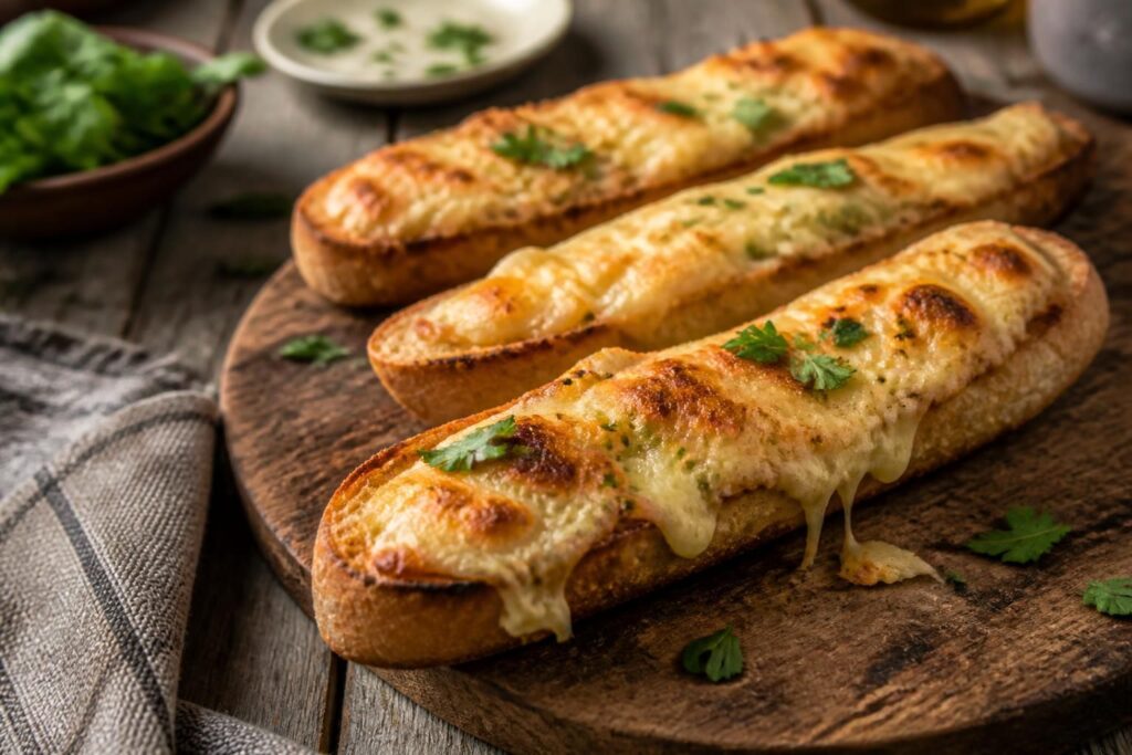 Käsebaguette vom Grill: goldbraun überbackenes Baguette mit schmelzendem Käse und Kräuterbutter, auf einem Holzbrett serviert