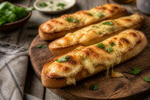 Käsebaguette vom Grill: goldbraun überbackenes Baguette mit schmelzendem Käse und Kräuterbutter, auf einem Holzbrett serviert