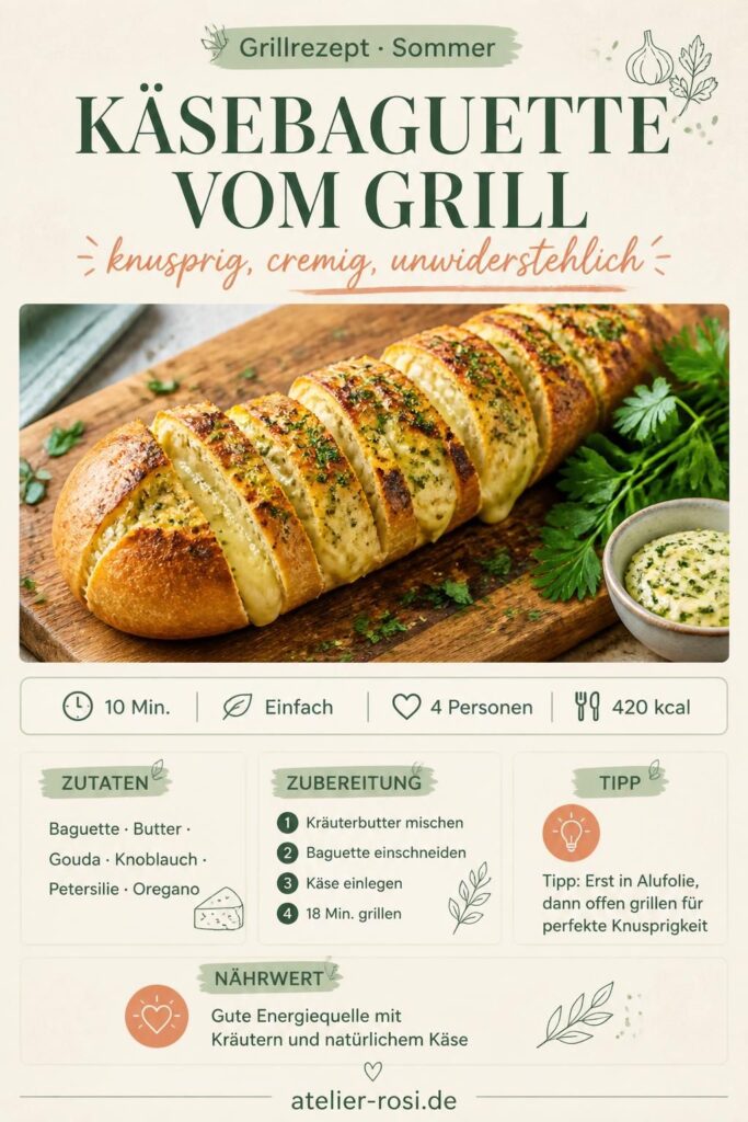 Käsebaguette vom Grill: goldbraun überbackenes Baguette mit schmelzendem Käse und Kräuterbutter
