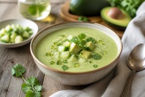 Kalte Avocado-Gurkensuppe in einer weißen Schale, garniert mit frischem Dill, Frühlingszwiebeln und einer Limettenspalte auf hellem Hintergrund