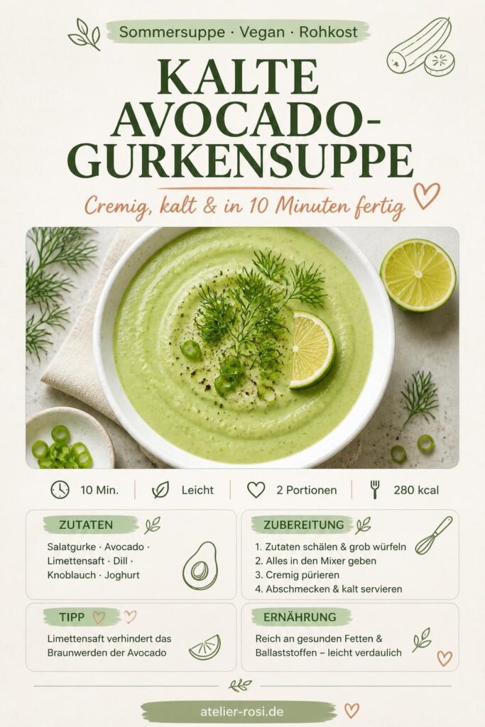Kalte Avocado-Gurkensuppe ohne Kochen – cremig, vegan und in 10 Minuten fertig