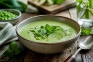 Kalte Erbsen-Gurken-Suppe mit Minze in einer weißen Schale, garniert mit frischen Minzblättern und einem Spritzer Olivenöl