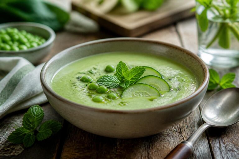 Kalte Erbsen-Gurken-Suppe mit Minze in einer weißen Schale, garniert mit frischen Minzblättern und einem Spritzer Olivenöl