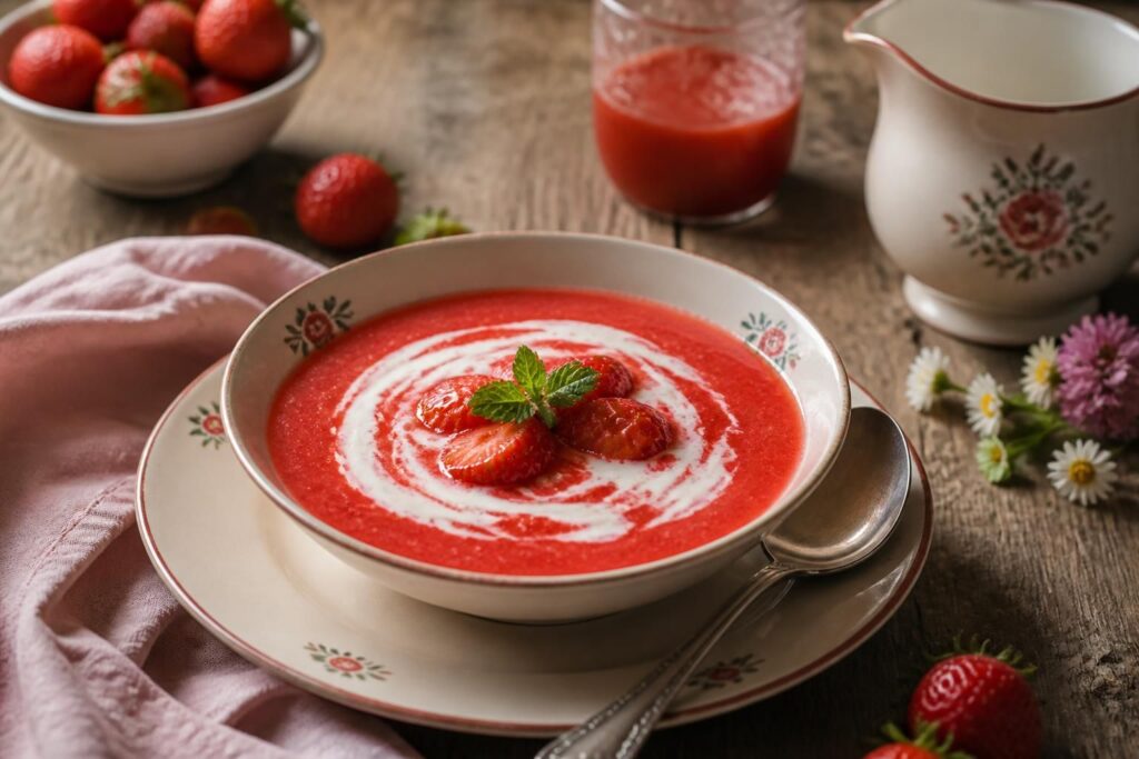 Kalte Erdbeersuppe nach Omas Art in einer weißen Schüssel, garniert mit frischen Minzblättern und Erdbeerscheiben, auf einem Holztisch im Sommerlicht