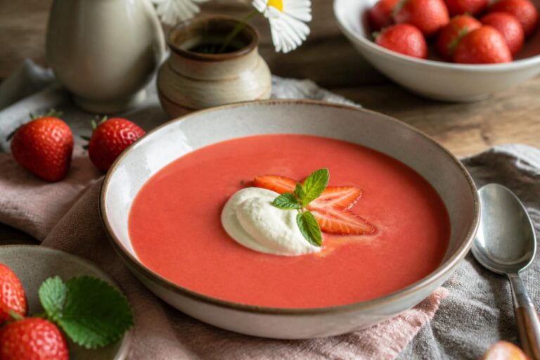 Kalte Erdbeersuppe nach Omas Rezept in einer weißen Schüssel, garniert mit frischer Minze und ganzen Erdbeeren, auf einem rustikalen Holztisch