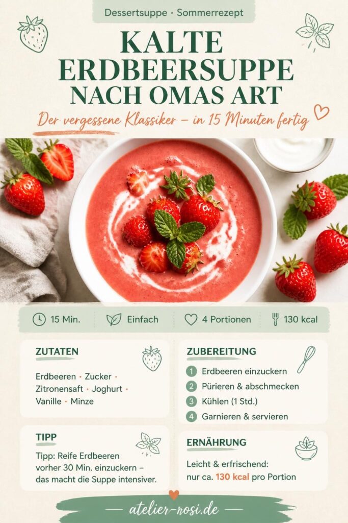 Kalte Erdbeersuppe nach Omas Rezept – Pinterest-Bild mit Zutaten und Schritten