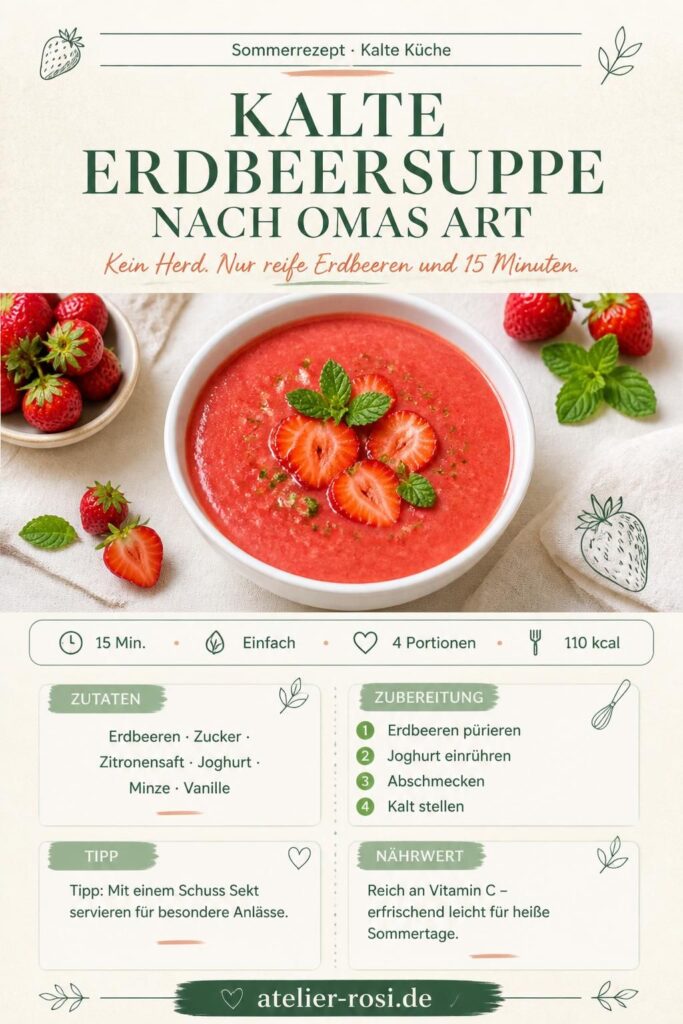 Kalte Erdbeersuppe nach Omas Art – Pinterest-Rezeptkarte mit Zutaten und Schritten