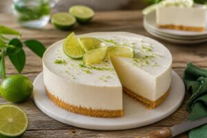 Kalte Limetten-Quark-Torte ohne Backen auf einem Keksboden, ohne Gelatine, sauber angeschnitten auf einem hellen Teller mit Limettenabrieb und Minze garniert