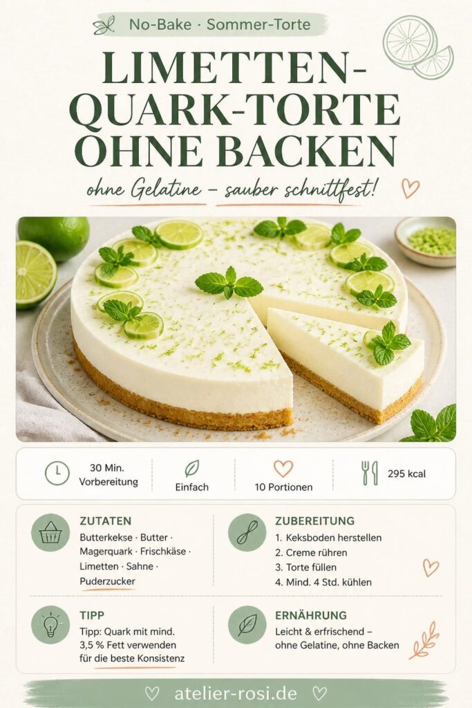 Kalte Limetten-Quark-Torte ohne Backen und ohne Gelatine – sauber schnittfest auf einem Keksboden