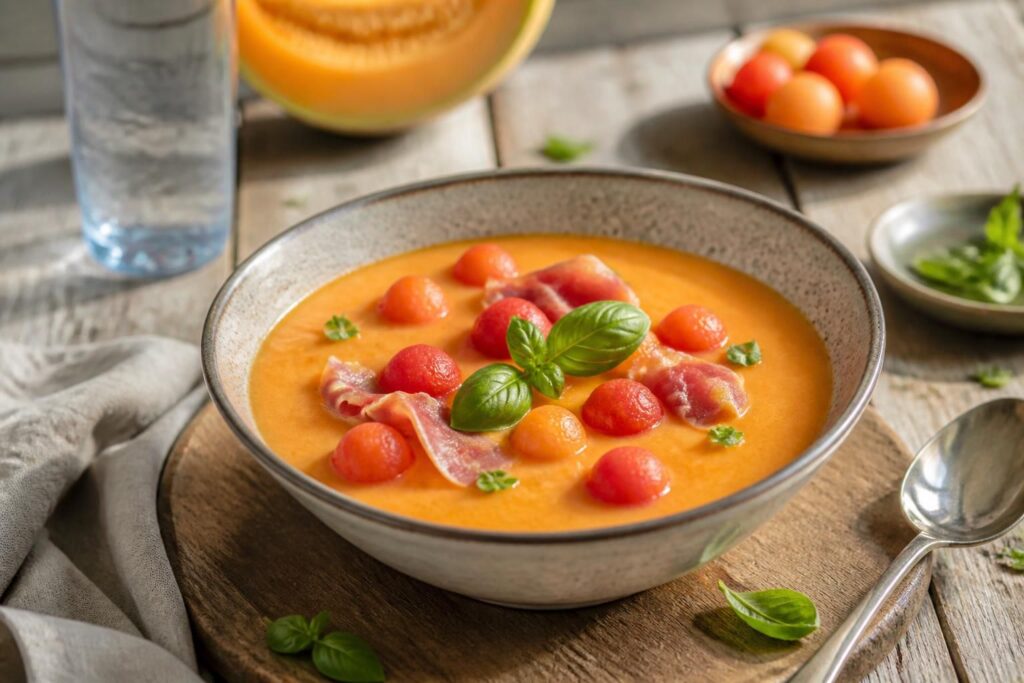 Kalte Melonensuppe in einer weißen Schüssel mit Minzblättern, Limettenscheibe und Chiliflocken, von oben fotografiert