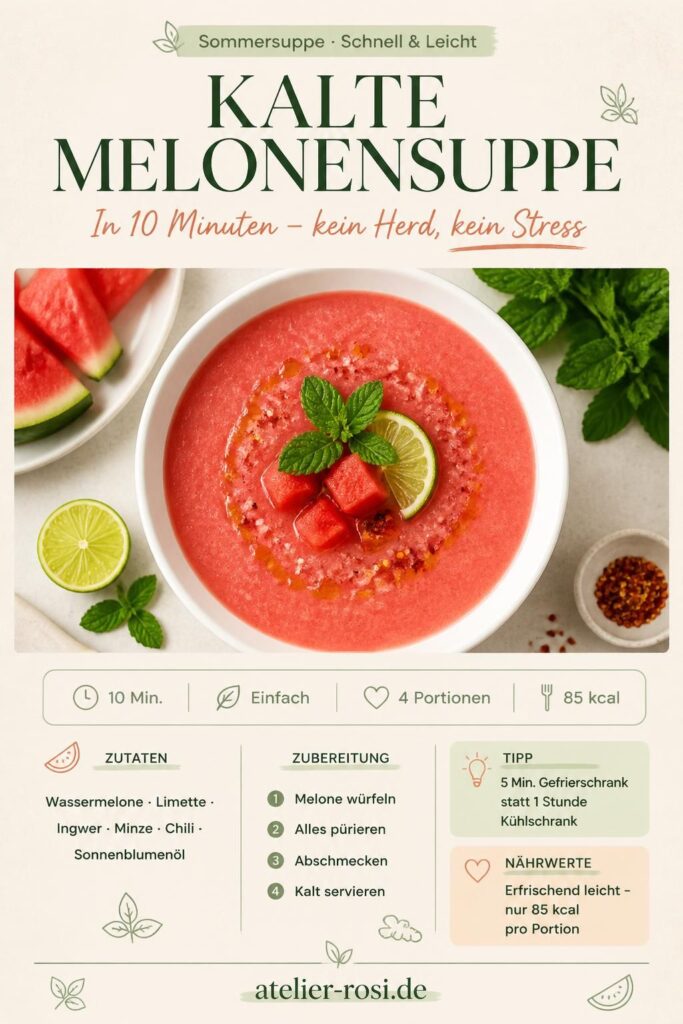 Kalte Melonensuppe mit Minze und Limette in einer weißen Schale, von oben
