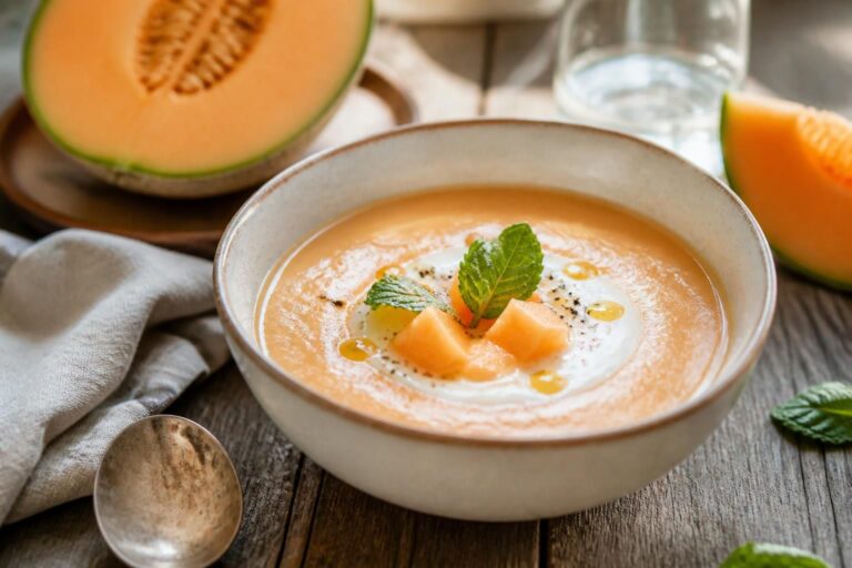 Kalte Melonensuppe mit Joghurt in einer weißen Schüssel, garniert mit frischer Minze und einem Spritzer Olivenöl, auf einem Holztisch serviert