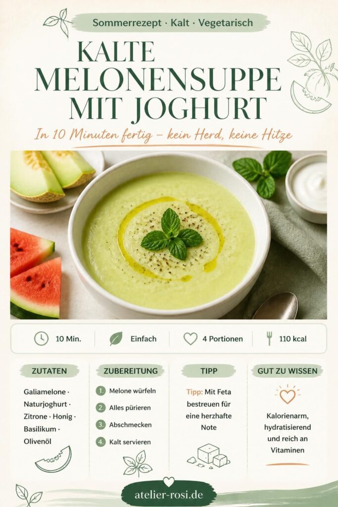 Kalte Melonensuppe mit Joghurt, garniert mit Minze und Olivenöl, in einer weißen Schüssel