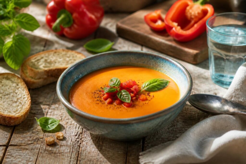 Kalte Paprikasuppe in einer weißen Schale, garniert mit Olivenöl, frischen Kräutern und Croutons – serviert auf einem hellen Holztisch im Sommer