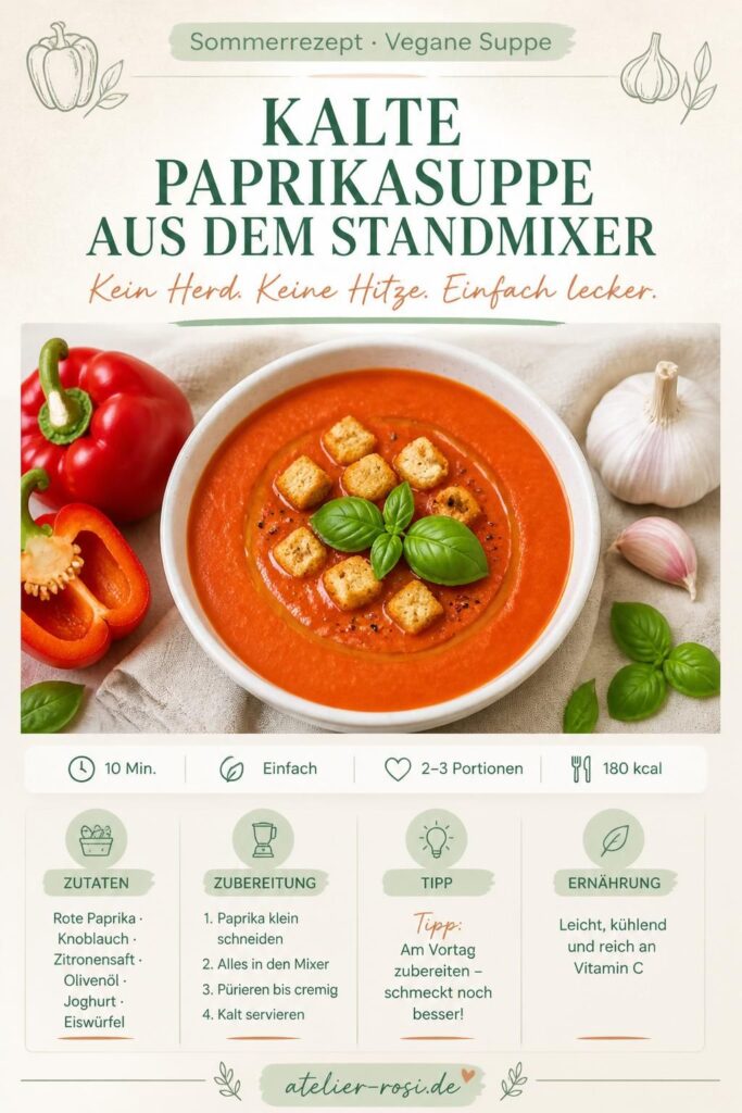 Kalte Paprikasuppe aus dem Standmixer in einer weißen Schale, garniert mit Olivenöl und frischen Kräutern