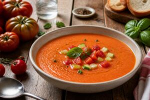 Kalte Tomatensuppe im Glas mit frischem Basilikum und Olivenöl, Draufsicht auf hellem Untergrund
