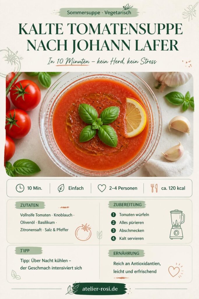 Kalte Tomatensuppe nach Johann Lafer im Glas mit Basilikum und Olivenöl, Pinterest-Rezeptkarte