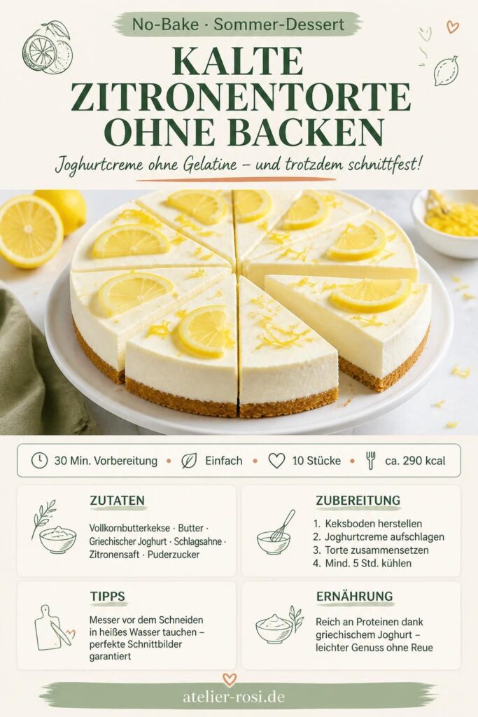 Kalte Zitronentorte ohne Backen mit Joghurtcreme ohne Gelatine, angeschnitten auf einem Kuchenständer