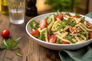 Kalter Spätzle-Salat mit Cherrytomaten und frischem Rucola in einer weißen Schüssel, beträufelt mit Olivenöl-Dressing